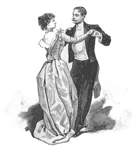 A waltzing man and woman in formal Edwardian outfits